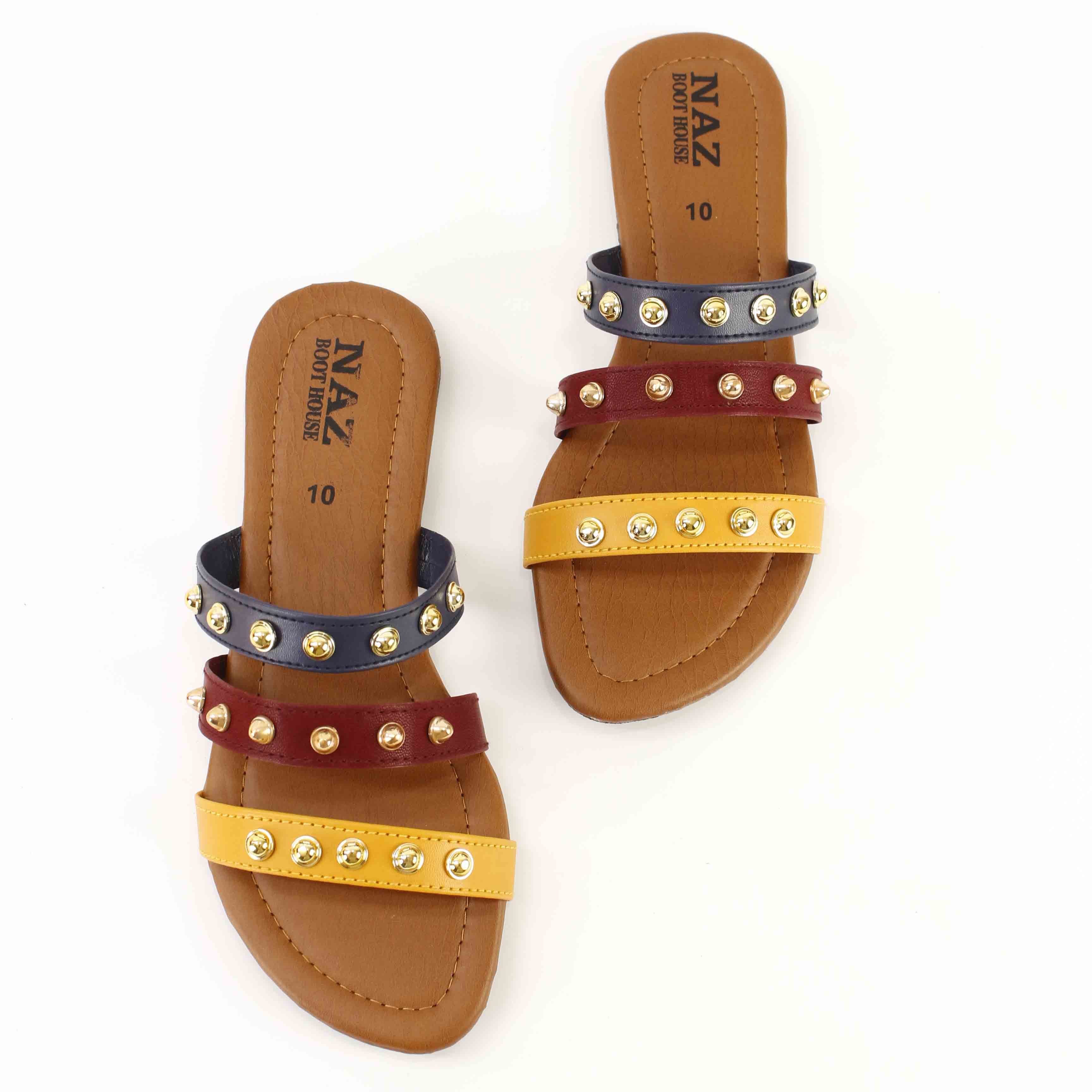 Women's Multi-Color Studded Strap Flat Slippers- Casual Comfort with Style