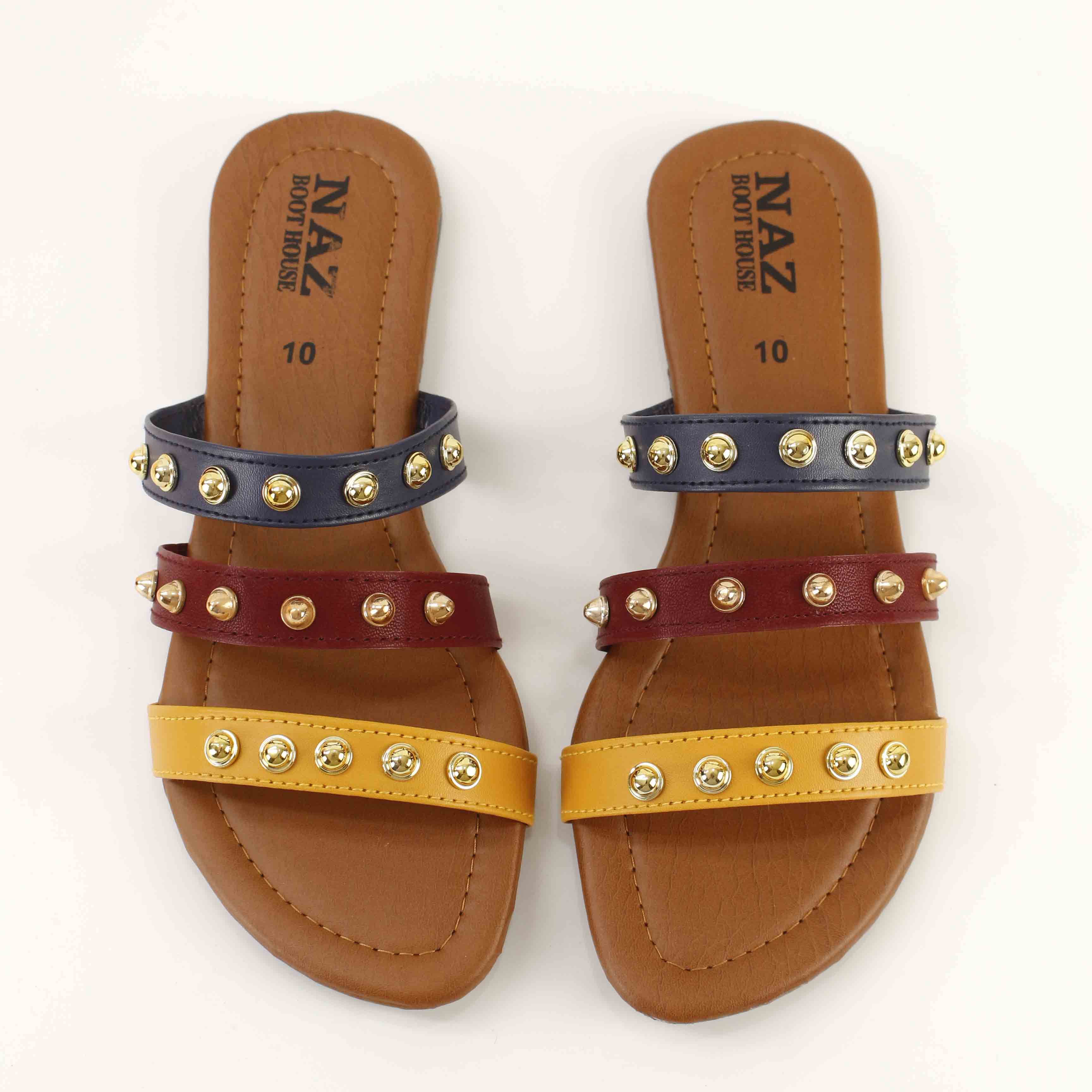 Women's Multi-Color Studded Strap Flat Slippers- Casual Comfort with Style