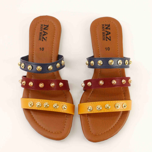Women's Multi-Color Strap Flat Slippers | Casual Comfort Confort Slides - [431-MULTI]