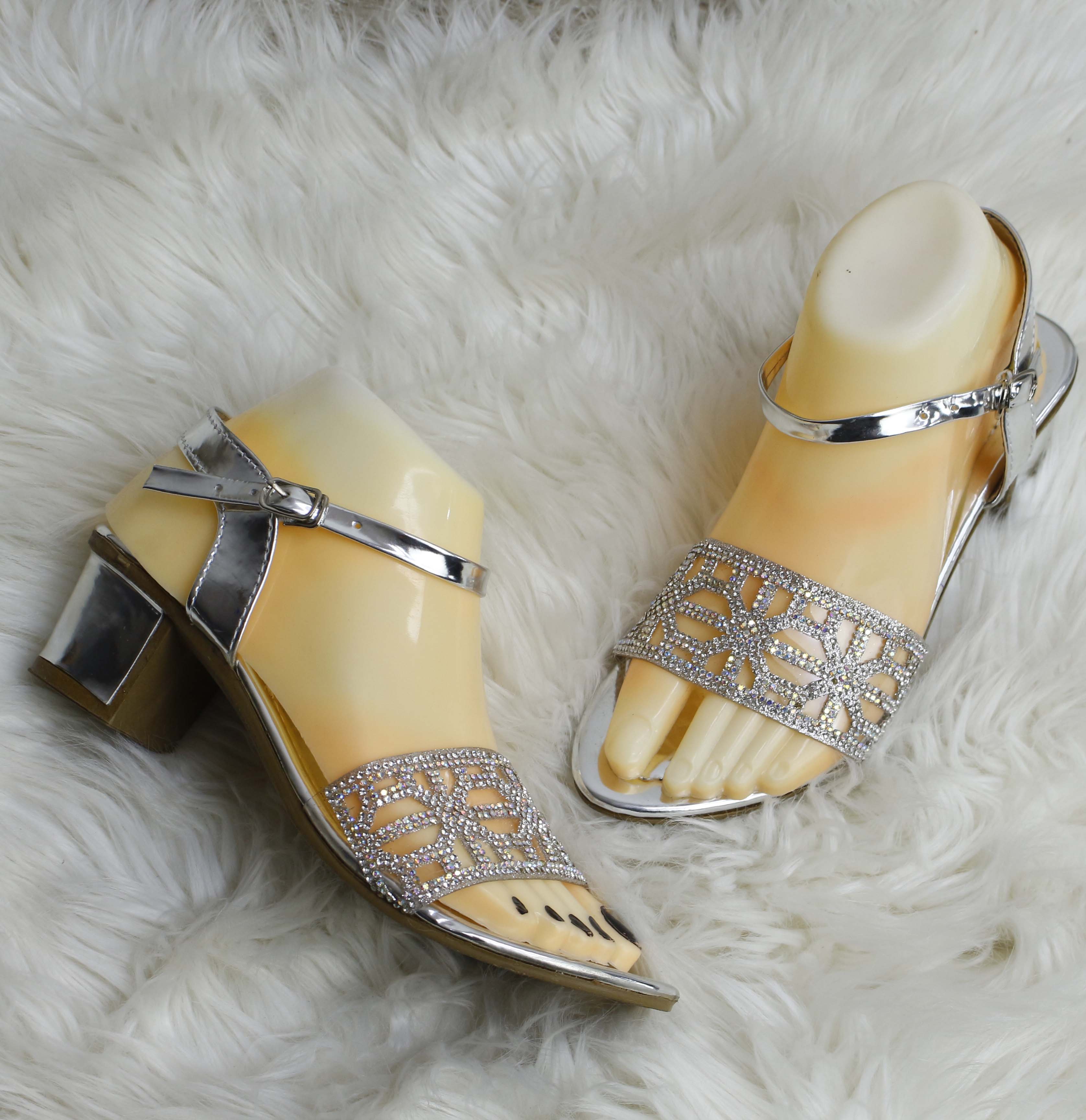 Elegant Women's dimondized Stone Open-Toe Sandals | Sparkling Strap Design - Golden Fancy Heeled Sandals