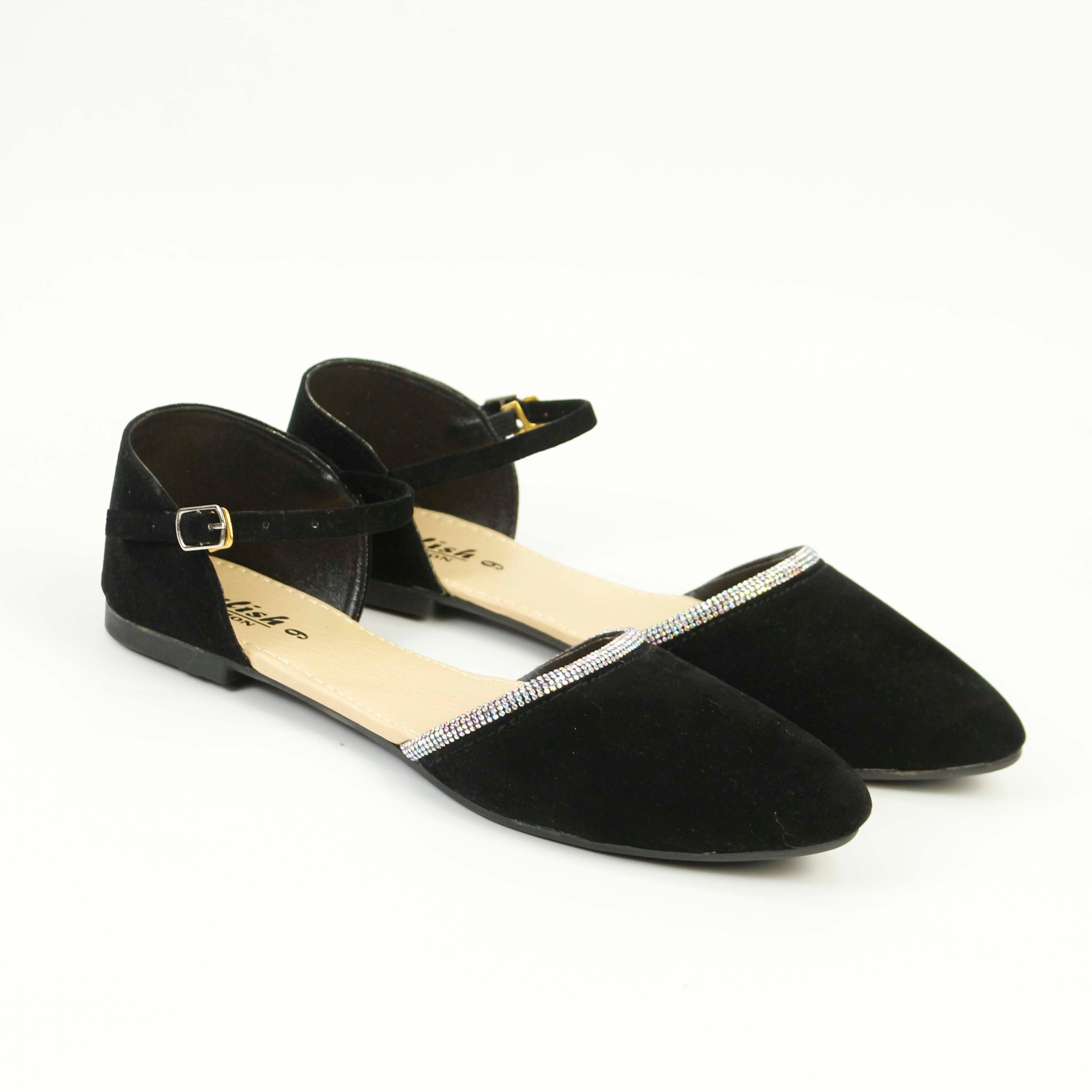 Women's Elegant Ankle Strap Flats - Velvet Pointed Toe Shoes with Dimondizestones Detailing