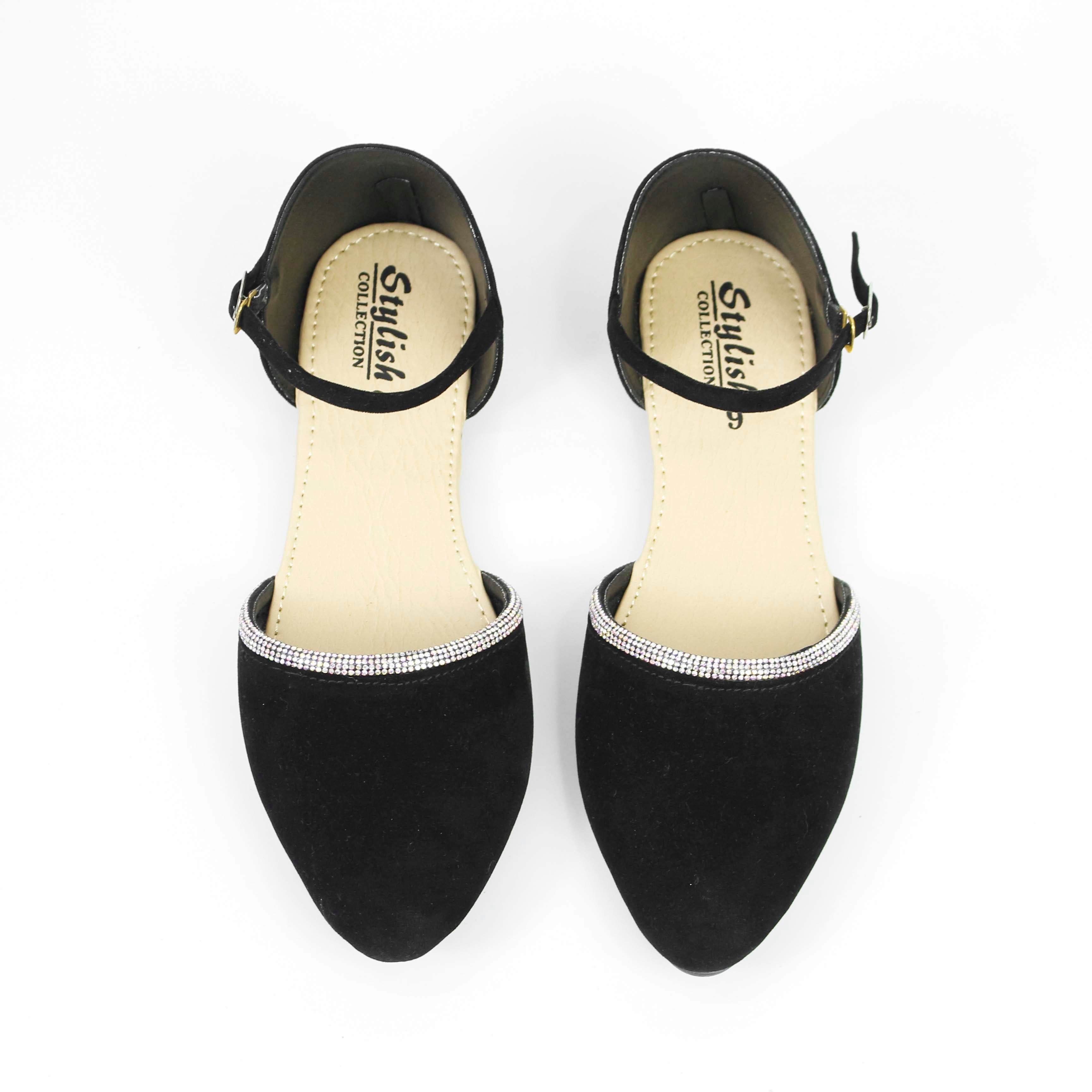 Women's Elegant Ankle Strap Flats - Velvet Pointed Toe Shoes with Dimondizestones Detailing