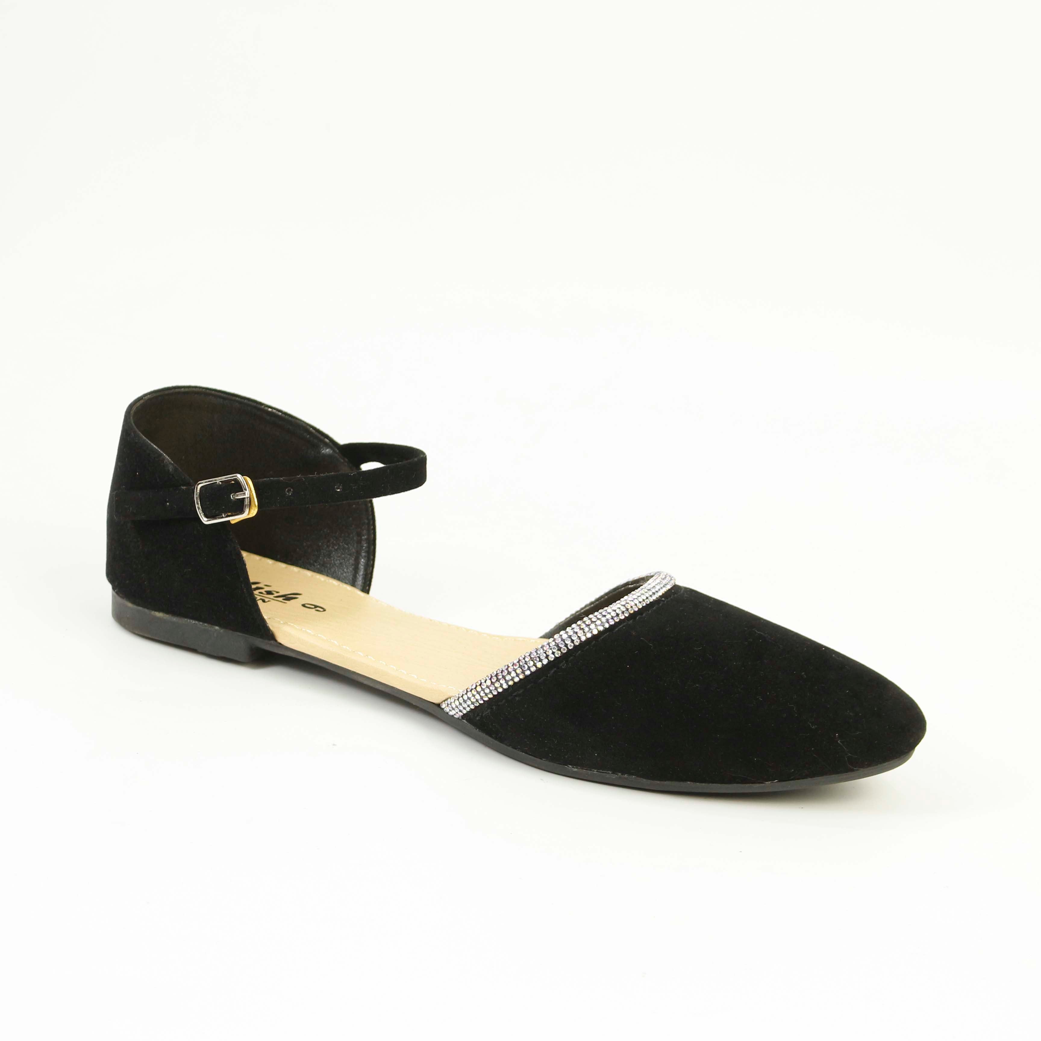 Women's Elegant Ankle Strap Flats - Velvet Pointed Toe Shoes with Dimondizestones Detailing