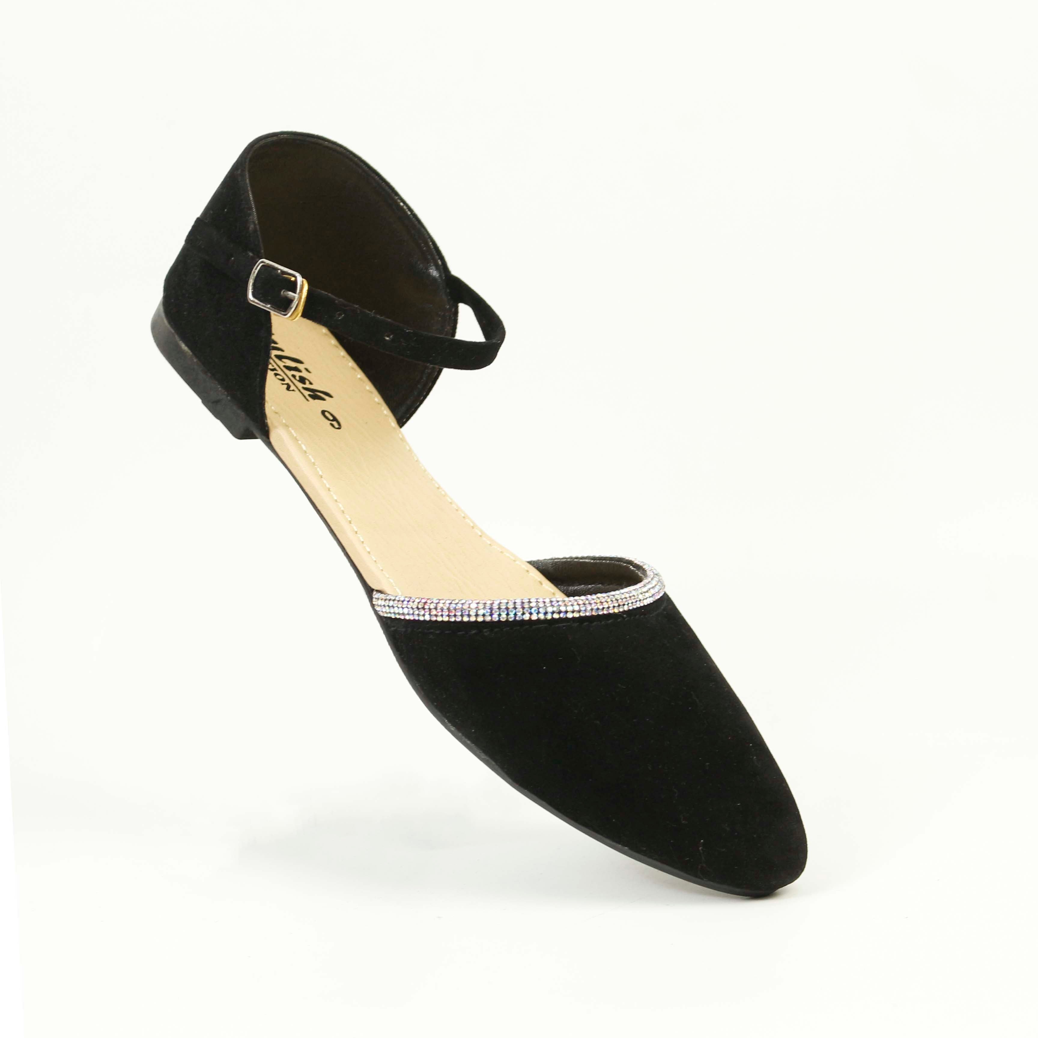 Women's Elegant Ankle Strap Flats - Velvet Pointed Toe Shoes with Dimondizestones Detailing