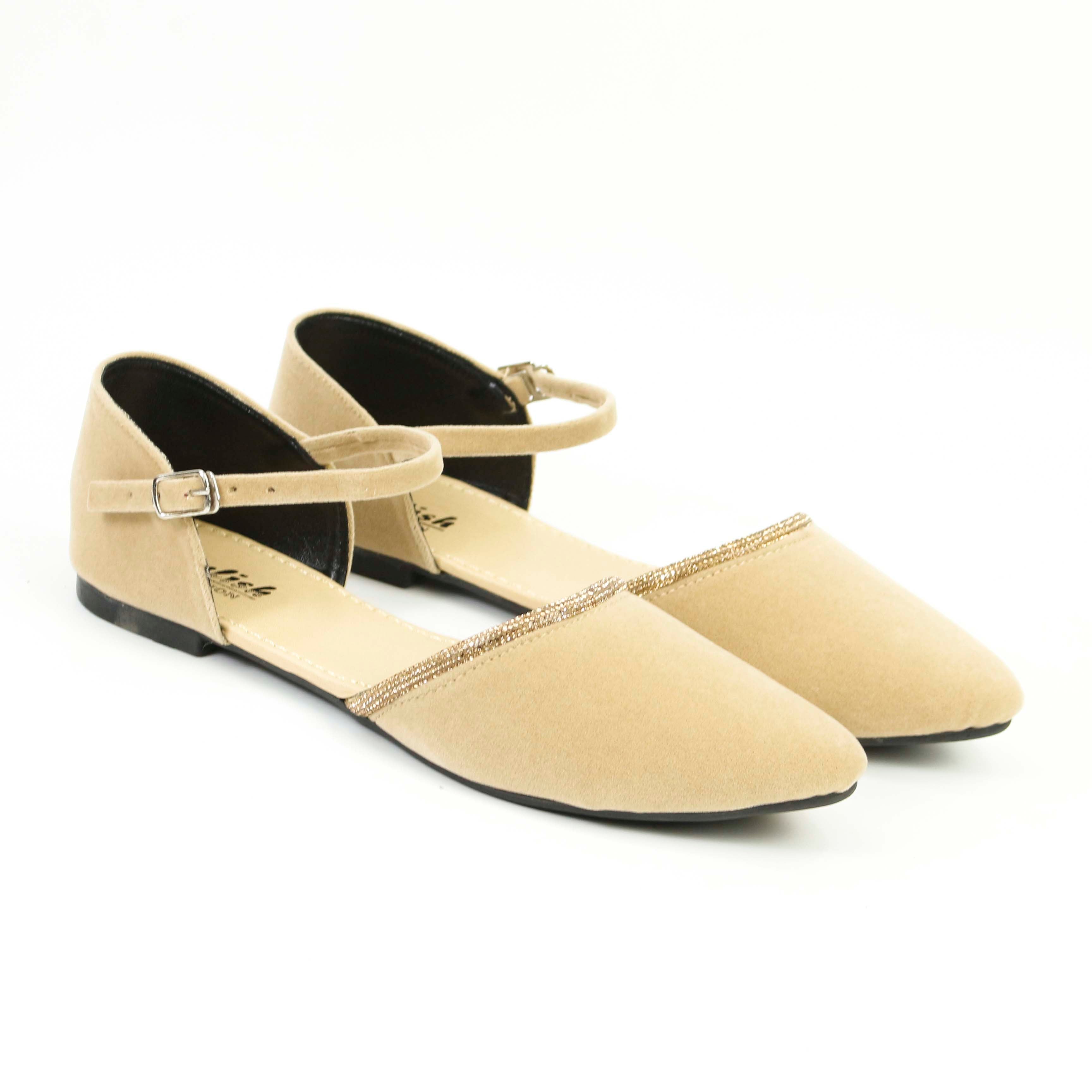 Women's Elegant Ankle Strap Flats - Velvet Pointed Toe Shoes with Dimondizestones Detailing