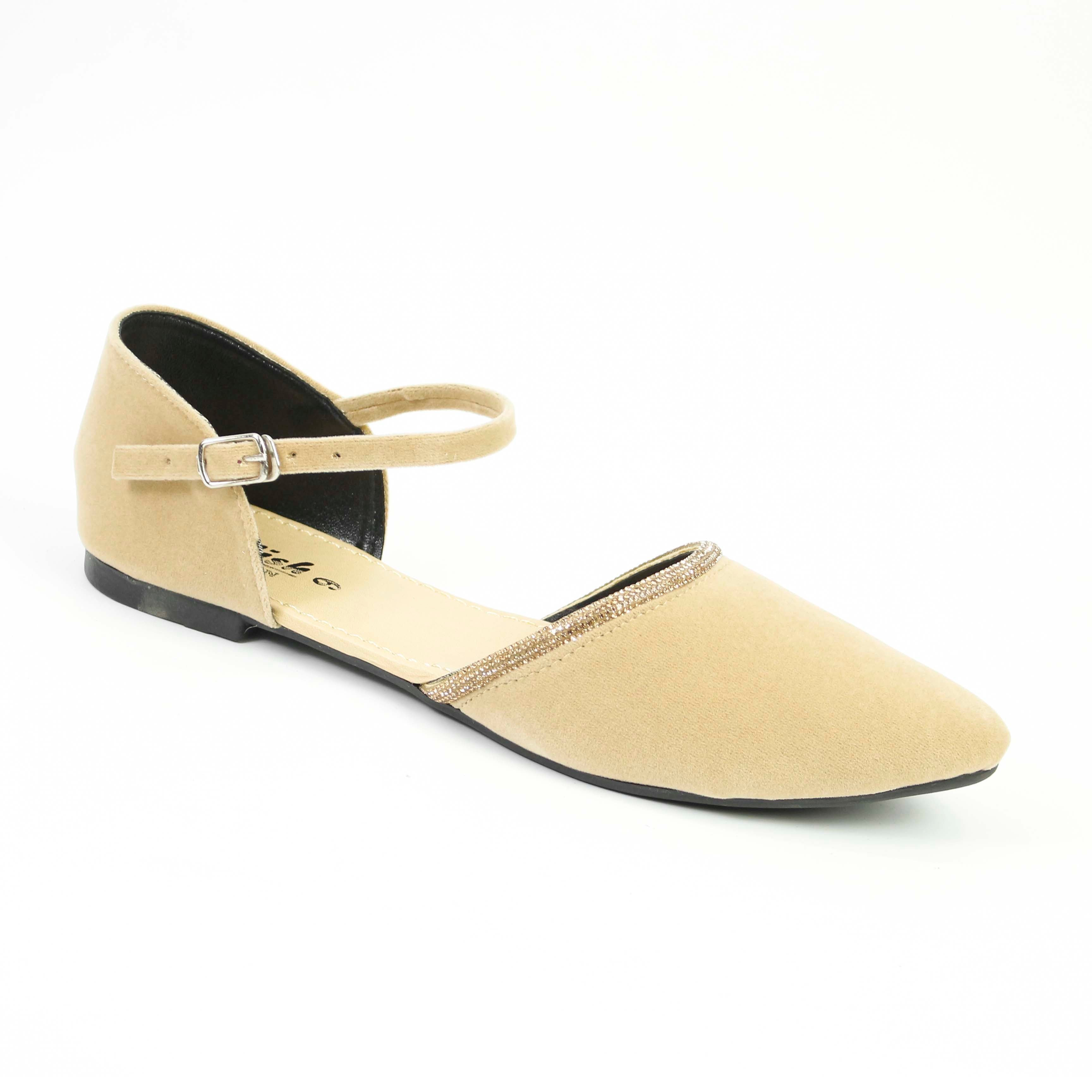 Women's Elegant Ankle Strap Flats - Velvet Pointed Toe Shoes with Dimondizestones Detailing