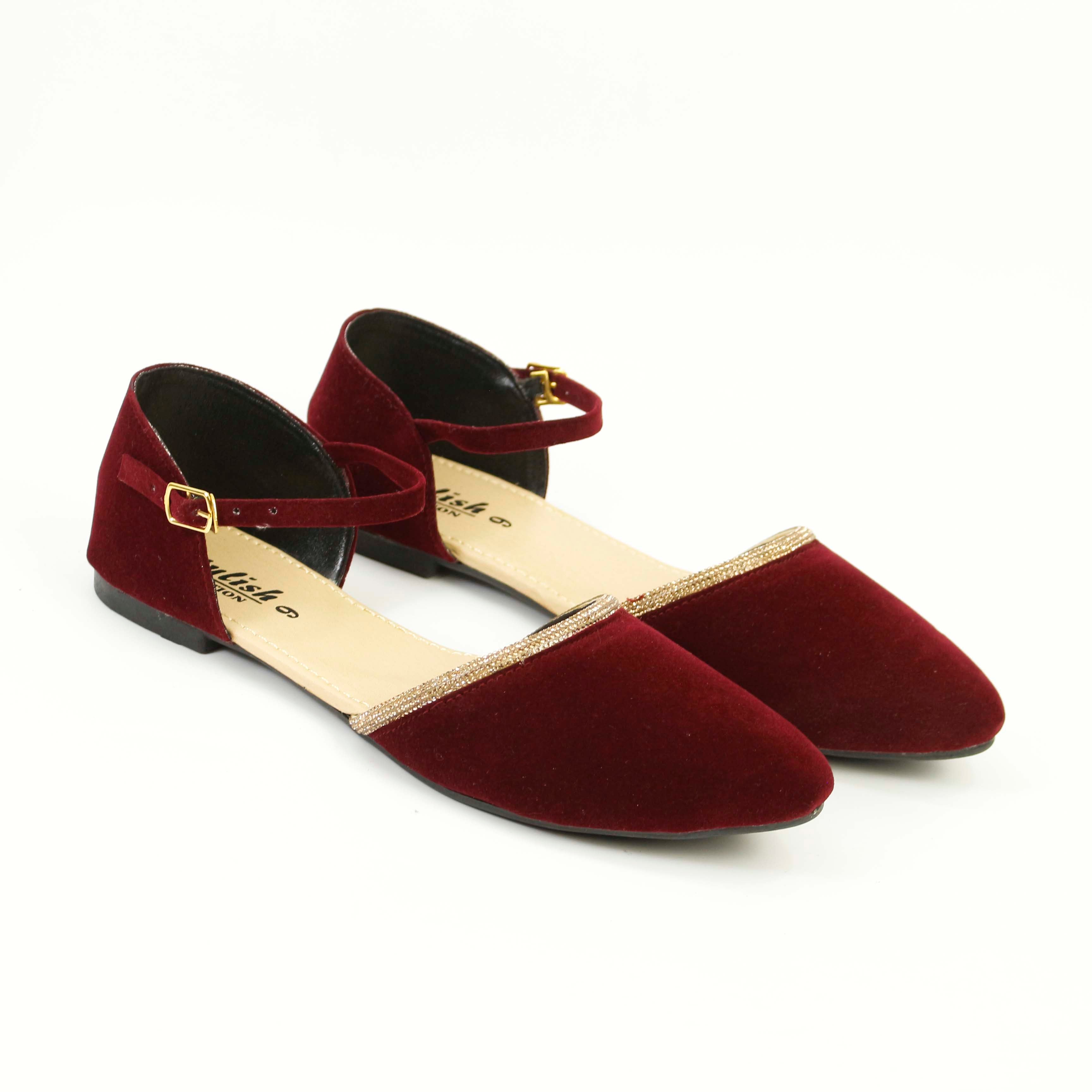 Women's Elegant Ankle Strap Flats - Velvet Pointed Toe Shoes with Dimondizestones Detailing