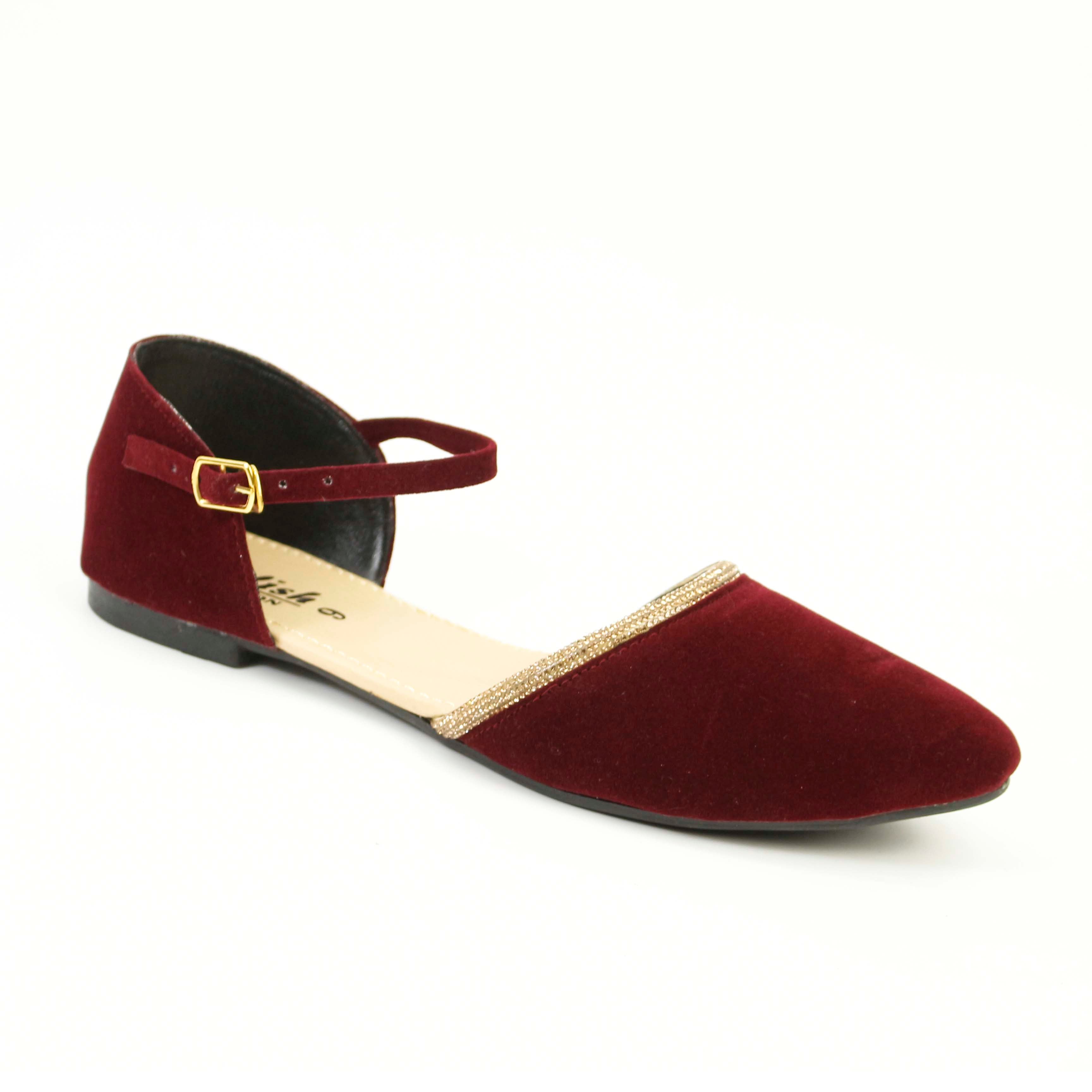 Women's Elegant Ankle Strap Flats - Velvet Pointed Toe Shoes with Dimondizestones Detailing