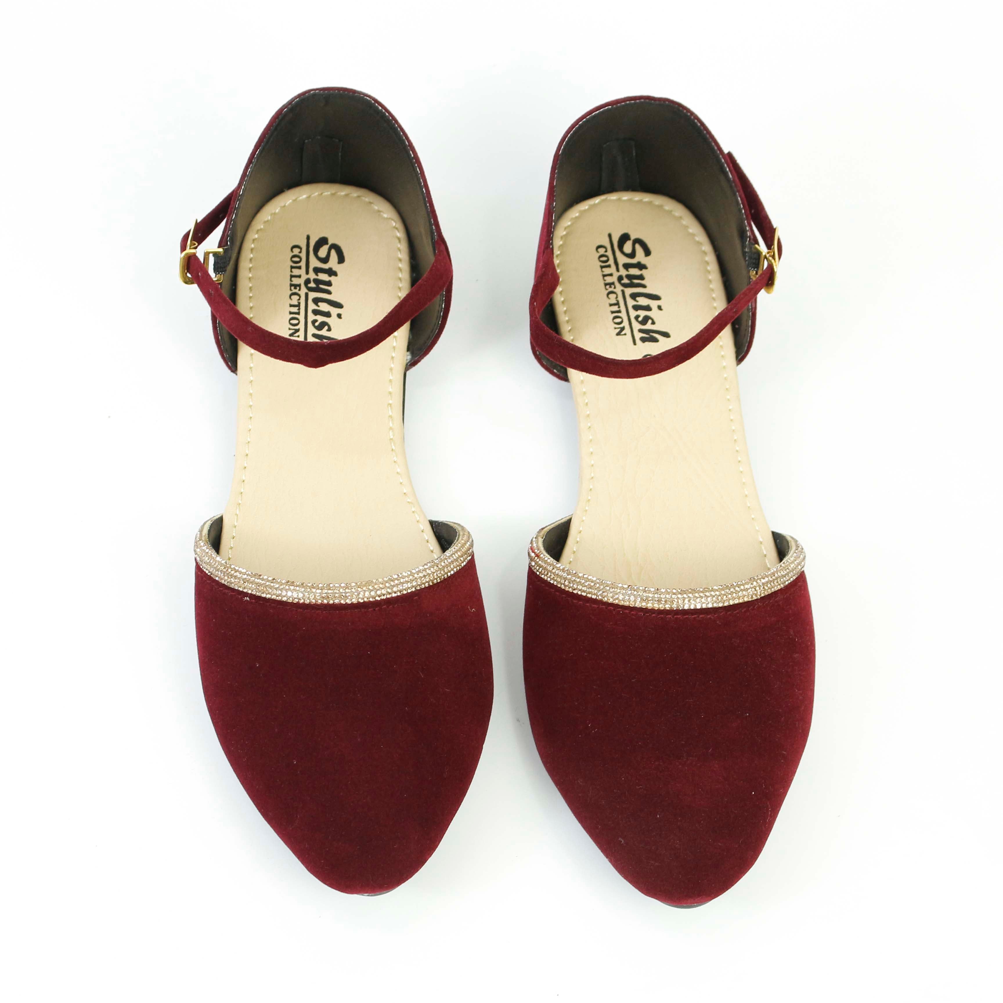 Women's Elegant Ankle Strap Flats - Velvet Pointed Toe Shoes with Dimondizestones Detailing