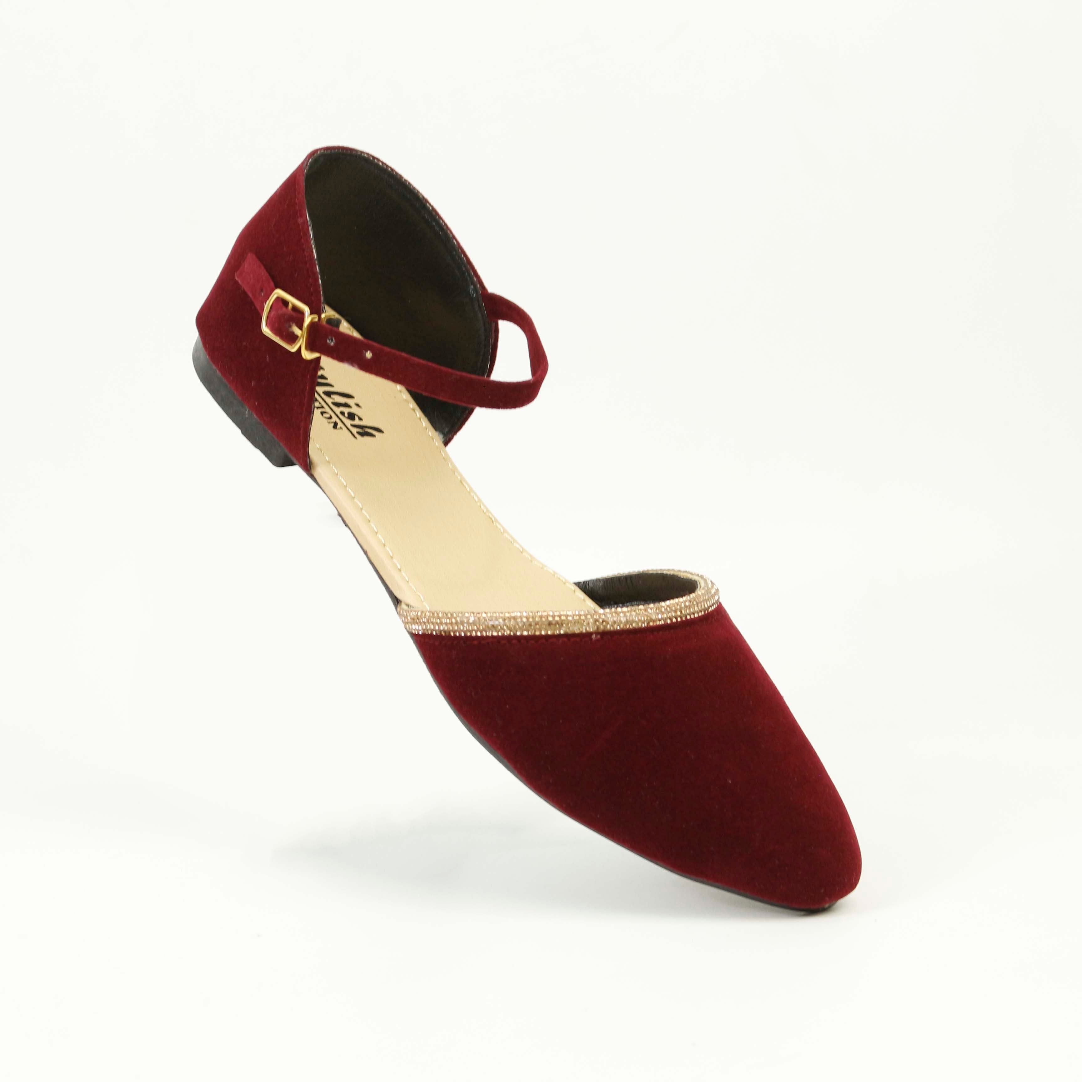 Women's Elegant Ankle Strap Flats - Velvet Pointed Toe Shoes with Dimondizestones Detailing