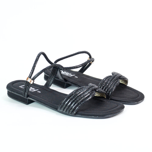 Fancy Flat Sandals For Women In Black, Silver and Peach Color | Fancy Sandals - [613-36/42]