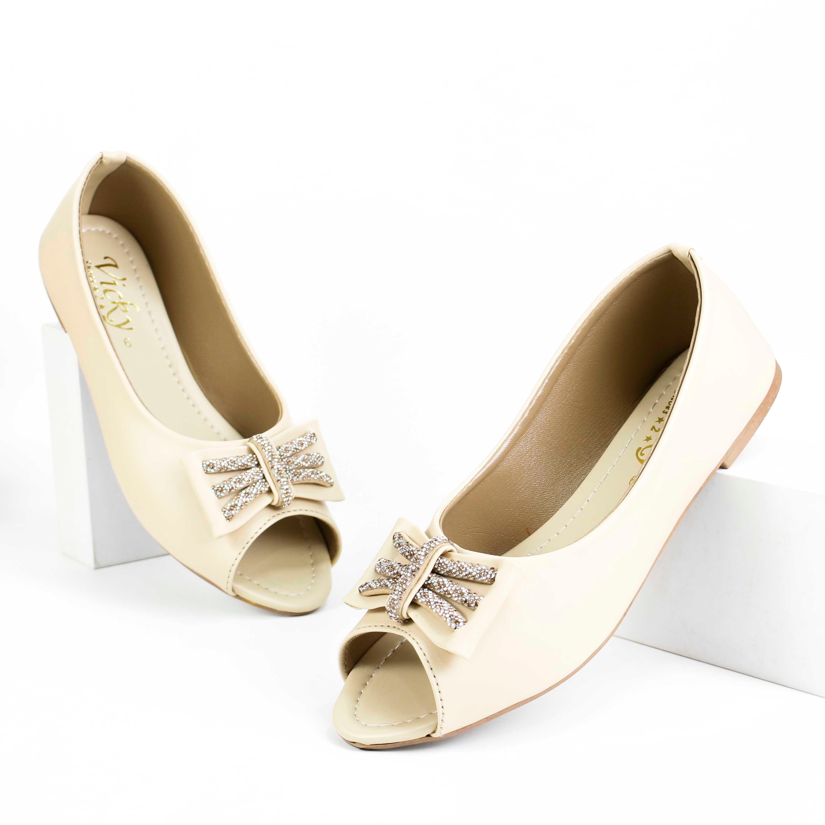 Women's Chic Peep-Toe Flats | Elegant Synthetic Leather Slip-Ons with Sparkly Bow Detailed  Pupms For Girls