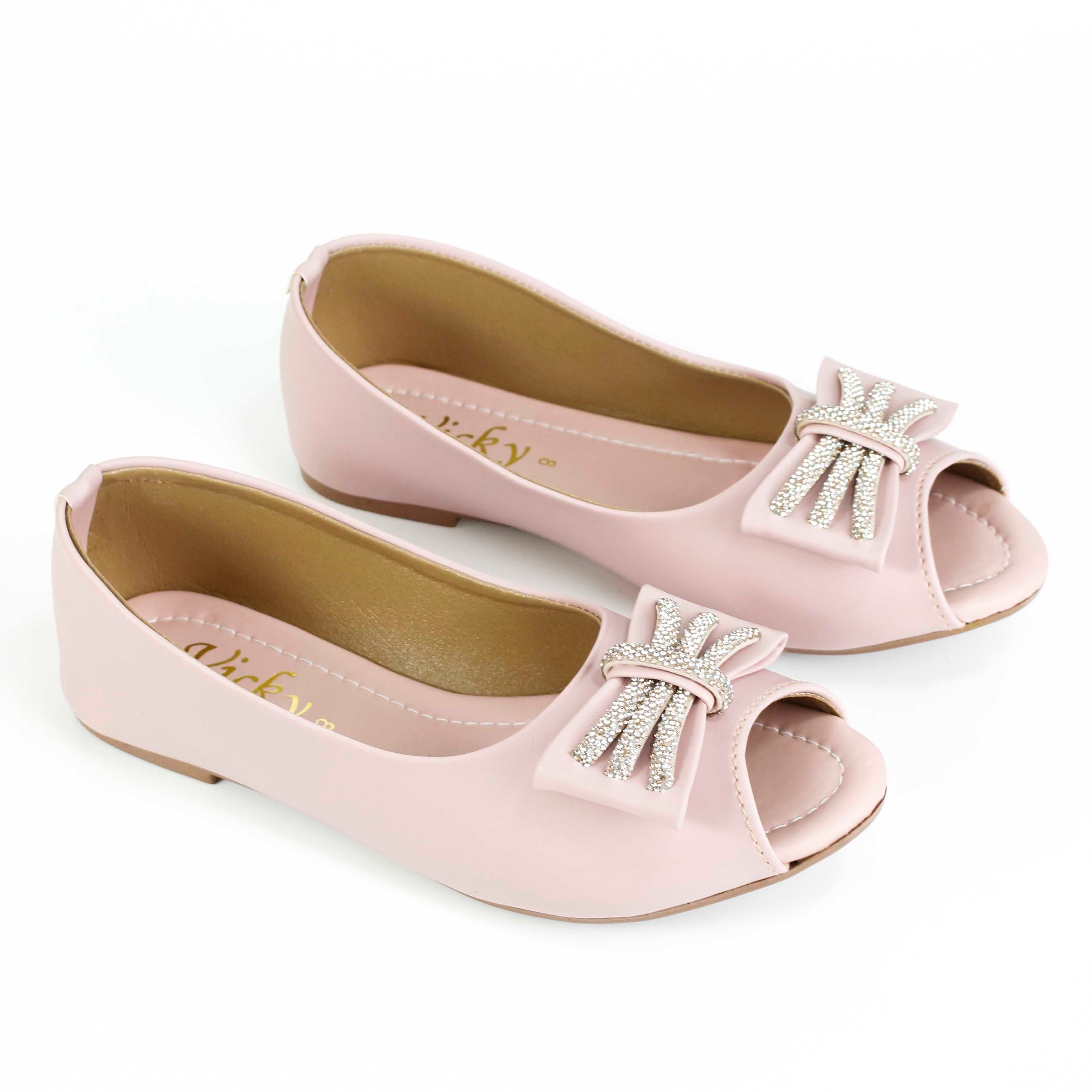 Women's Chic Peep-Toe Flats | Elegant Synthetic Leather Slip-Ons with Sparkly Bow Detailed  Pupms For Girls