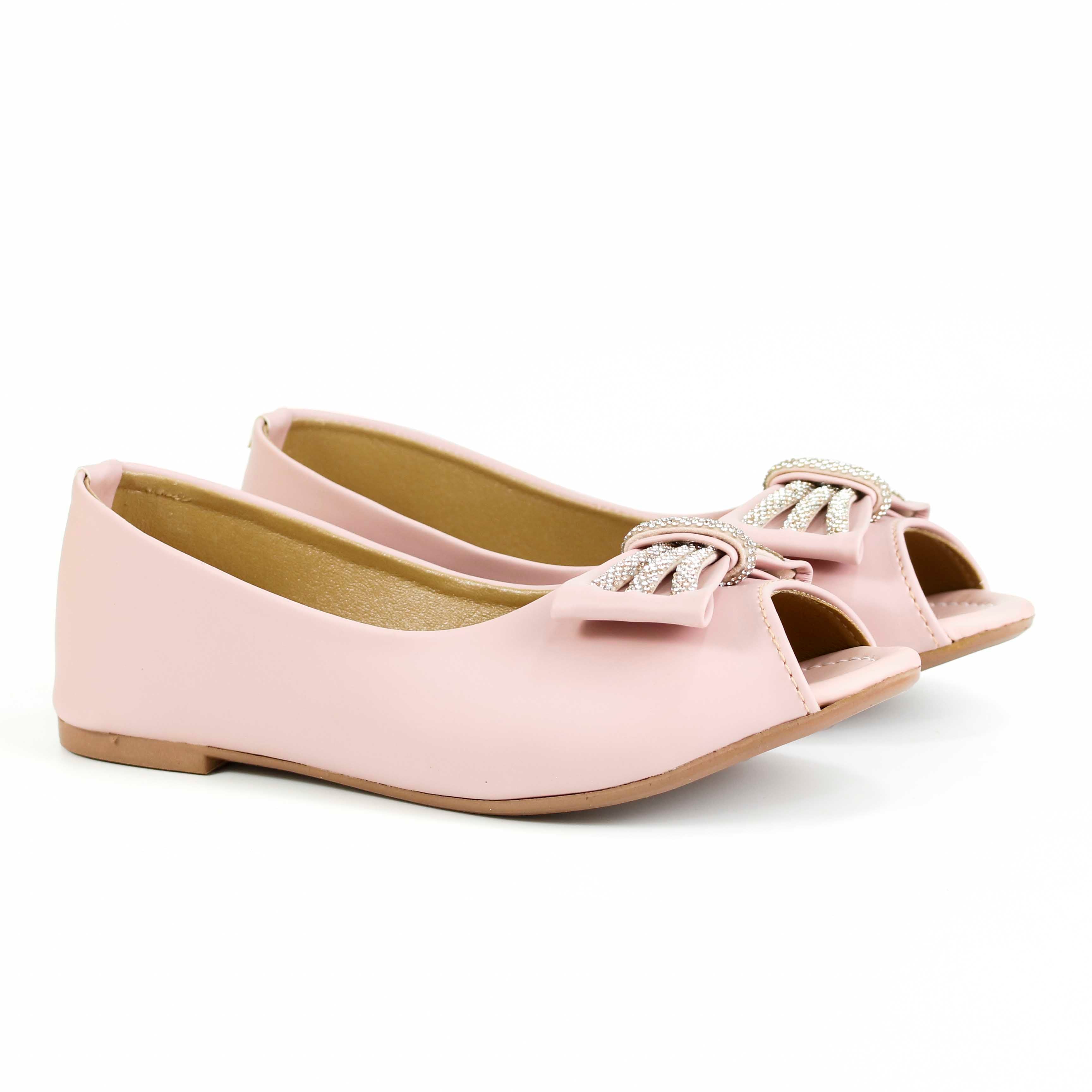 Women's Chic Peep-Toe Flats | Elegant Synthetic Leather Slip-Ons with Sparkly Bow Detailed  Pupms For Girls