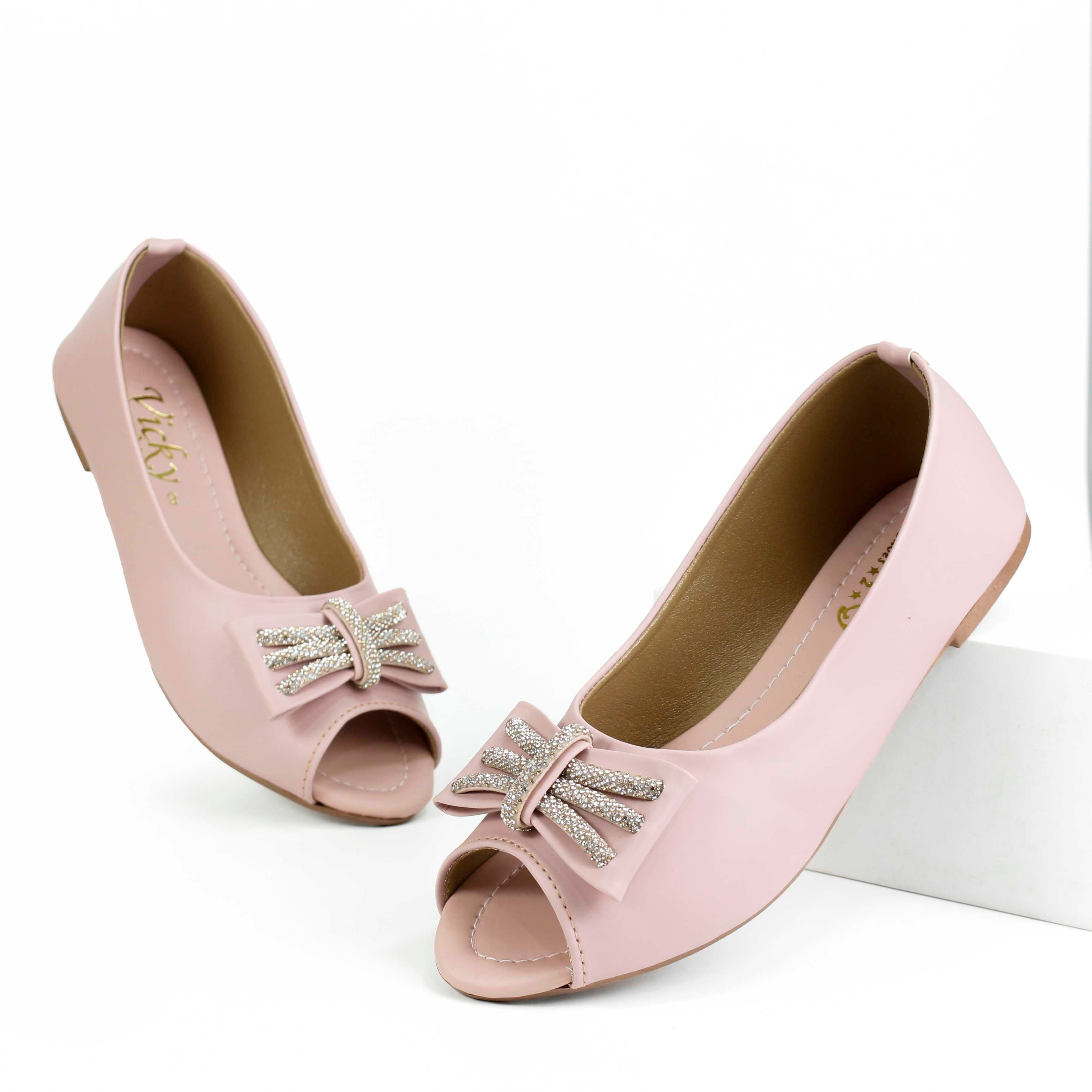 Women's Chic Peep-Toe Flats | Elegant Synthetic Leather Slip-Ons with Sparkly Bow Detailed  Pupms For Girls