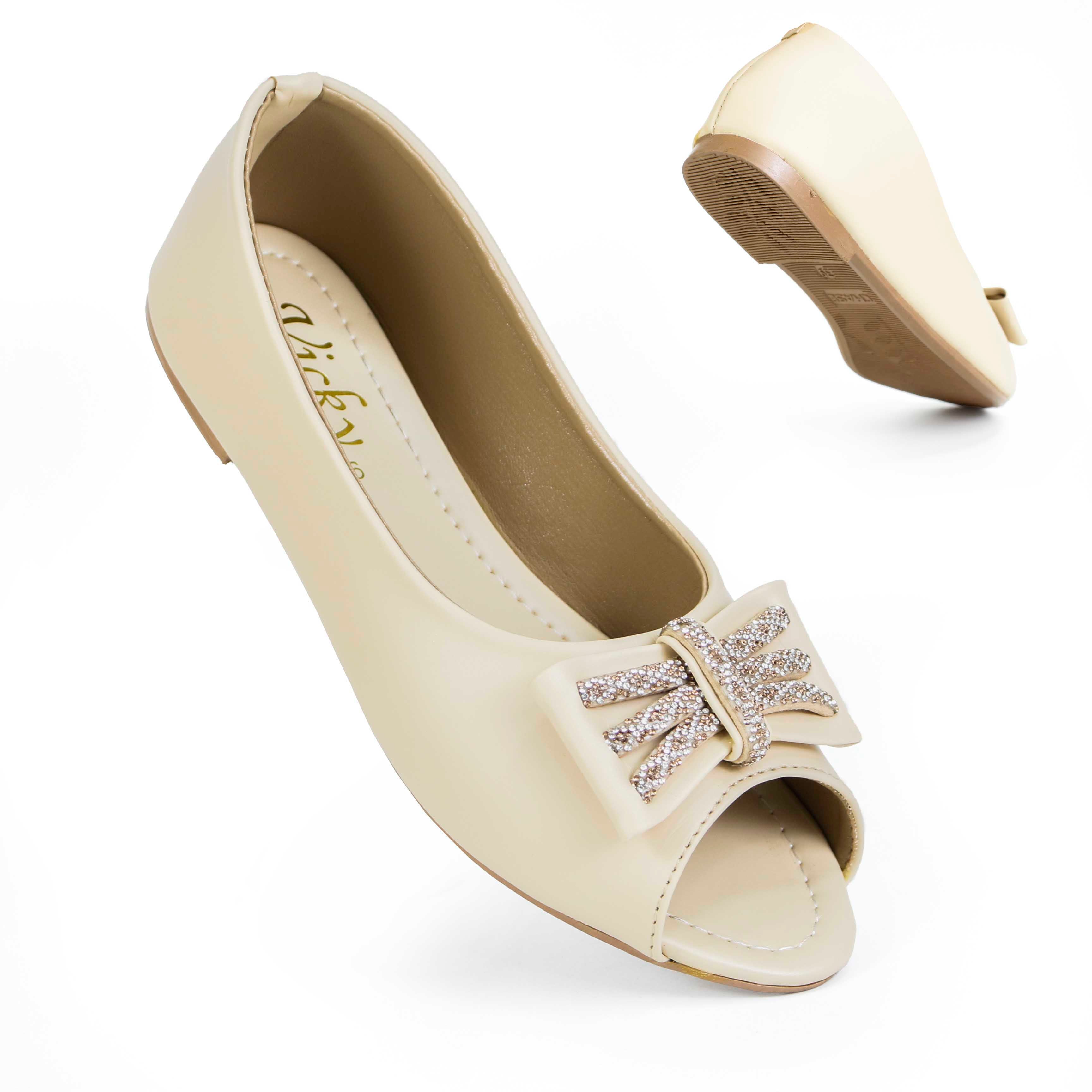 Women's Chic Peep-Toe Flats | Elegant Synthetic Leather Slip-Ons with Sparkly Bow Detailed  Pupms For Girls