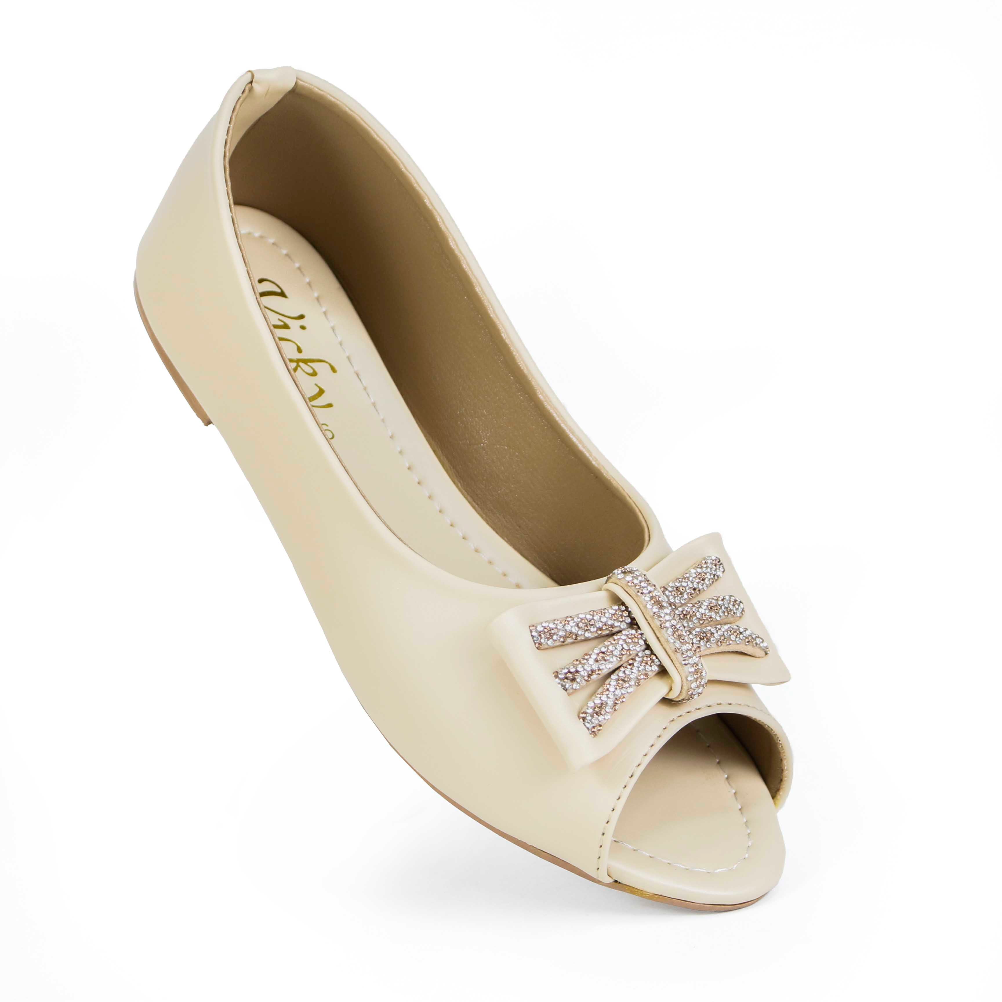 Women's Chic Peep-Toe Flats | Elegant Synthetic Leather Slip-Ons with Sparkly Bow Detailed  Pupms For Girls