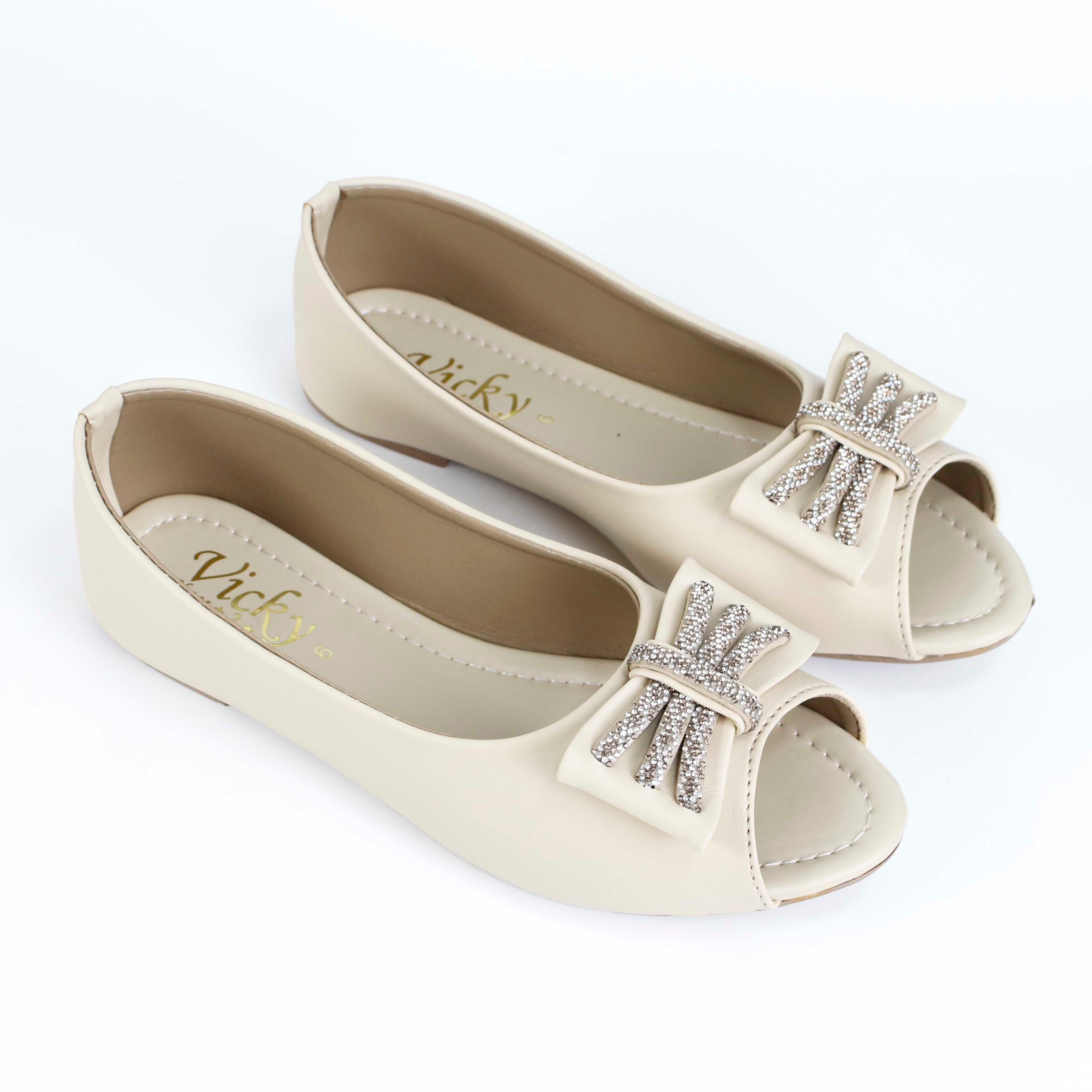 Women's Chic Peep-Toe Flats | Elegant Synthetic Leather Slip-Ons with Sparkly Bow Detailed  Pupms For Girls