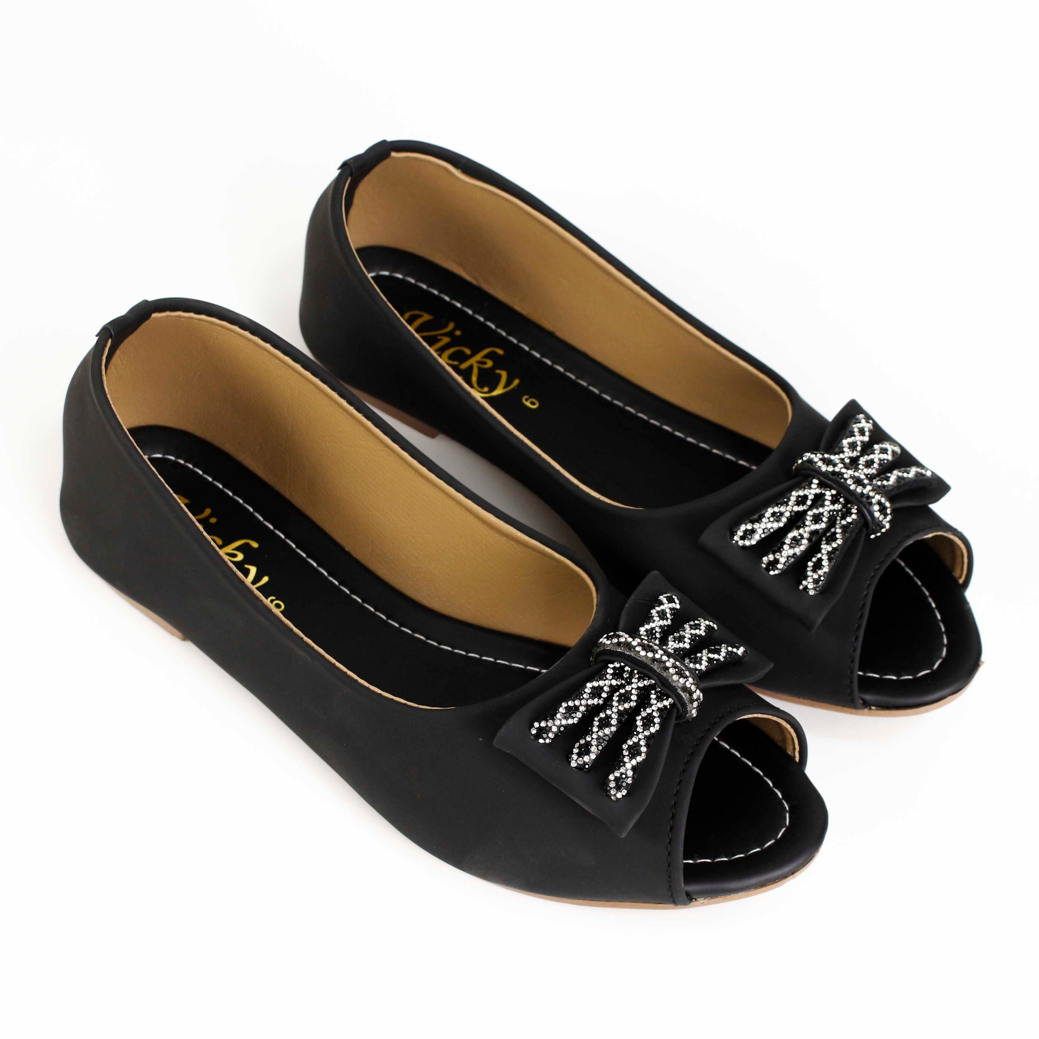 Women's Chic Peep-Toe Flats | Elegant Synthetic Leather Slip-Ons with Sparkly Bow Detailed  Pupms For Girls