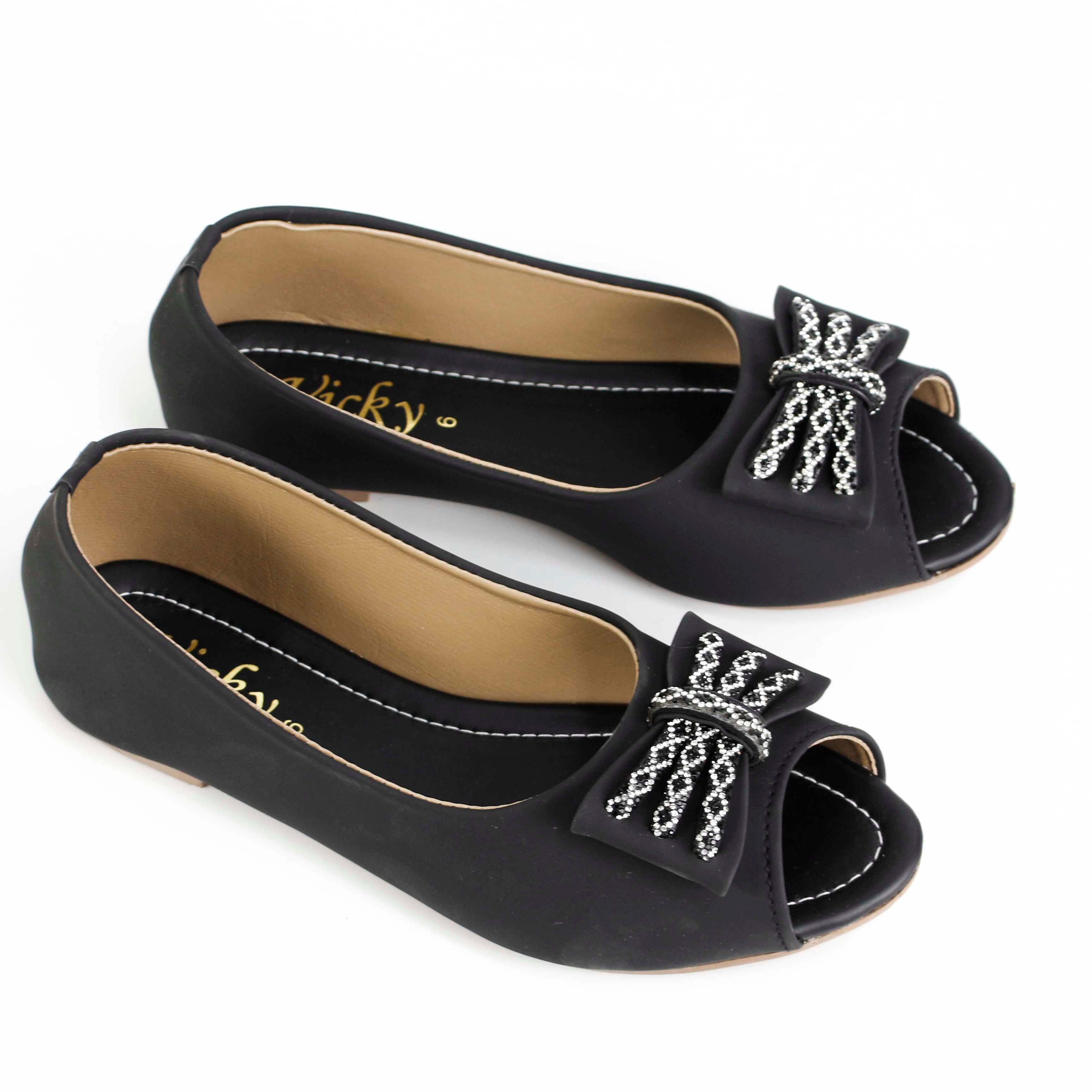 Women's Chic Peep-Toe Flats | Elegant Synthetic Leather Slip-Ons with Sparkly Bow Detailed  Pupms For Girls