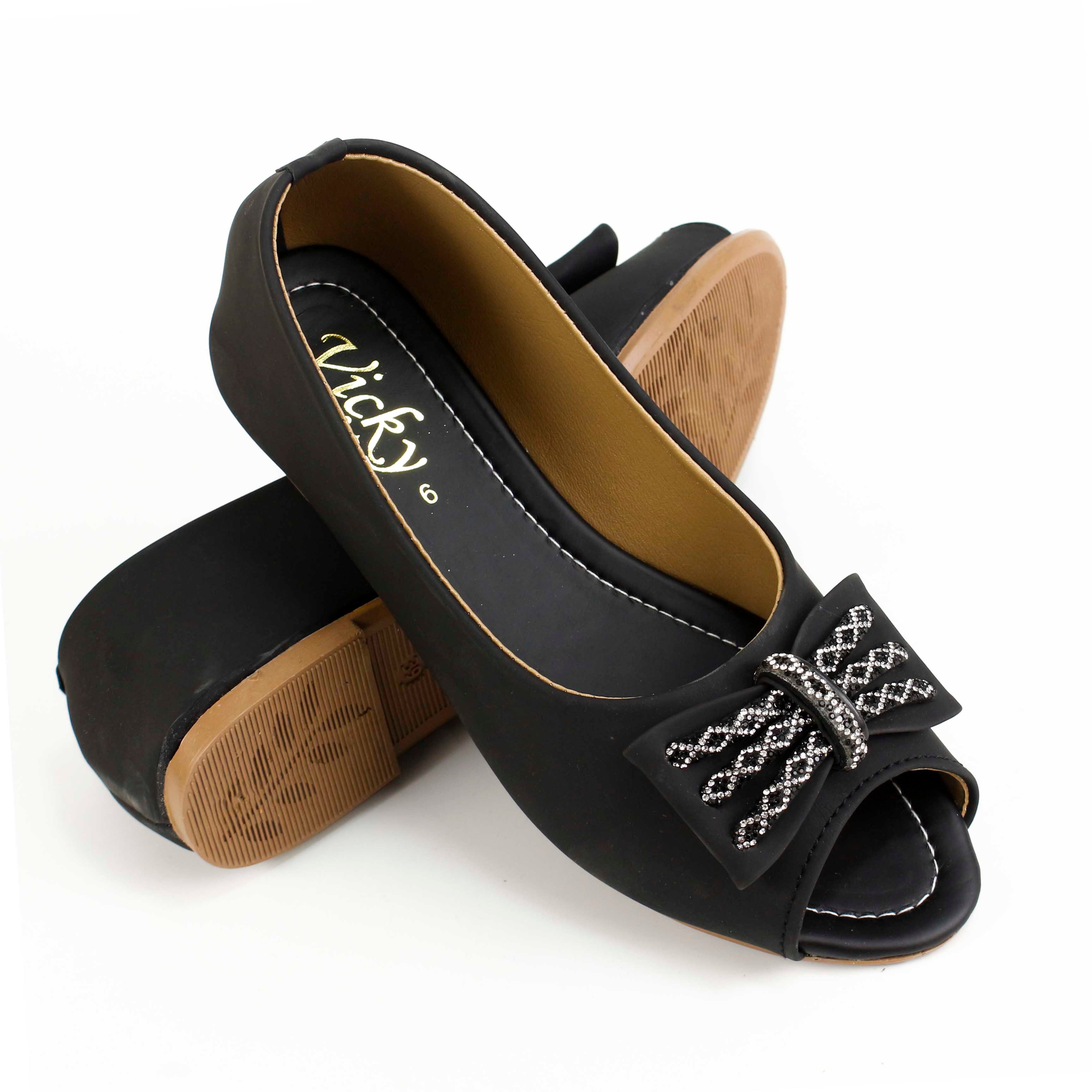 Women's Chic Peep-Toe Flats | Elegant Synthetic Leather Slip-Ons with Sparkly Bow Detailed  Pupms For Girls