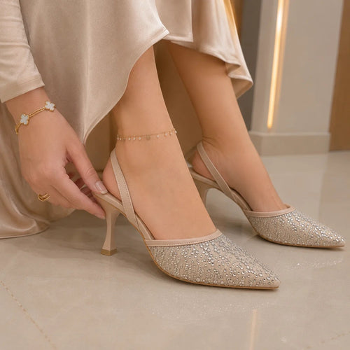 Fancy Heel Sandals In Beige Color | Women's Mules - [ELARA-36/42]
